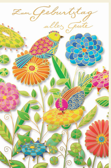 Geburtstagskarte - Bunte Vögel & Blumen Design, Glückwunschkarte zum Geburtstag, Edle Gratulationskarte mit Grußbotschaft, Hochwertige Papeterie für Feierlichkeiten, Festliche Geschenkkarte "Happy Birthday" mit Glückwunsch - Doppelkarte mit Umschlag