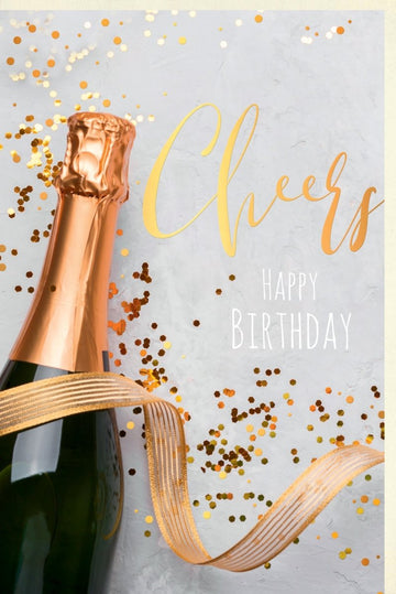 Geburtstagskarte Business - Elegante Doppelkarte mit Sektflasche, Cheers Motiv, Gold Konfetti für stilvolle Gratulation & Feier
