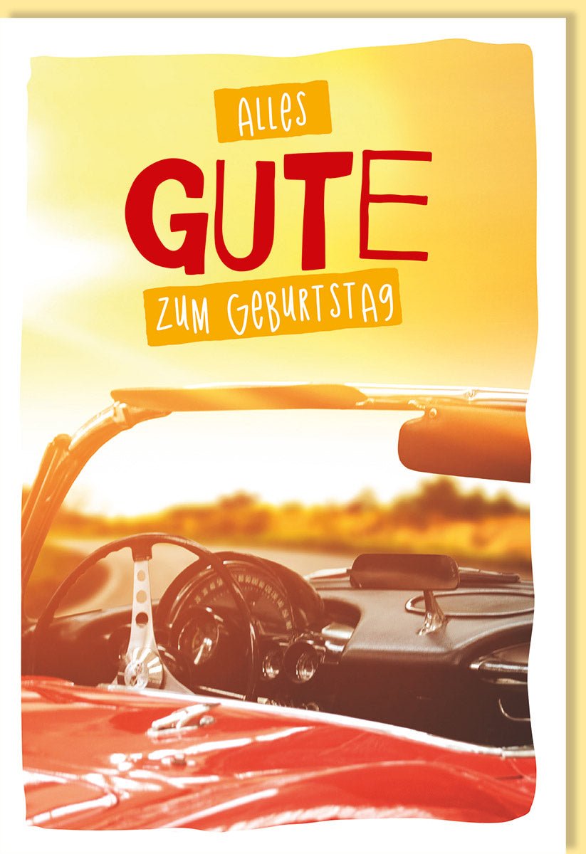 Geburtstagskarte "Cabrio Sonnenuntergang" - Glückwunschkarte für Auto - & Oldtimer - Fans, Vintage Retro Design in warmen Rot - & Gelbtönen, Stilvolle Gratulationskarte für Erwachsene, Männer & Frauen, Sammlerstück mit Sommerflair, Happy Birthday Karte