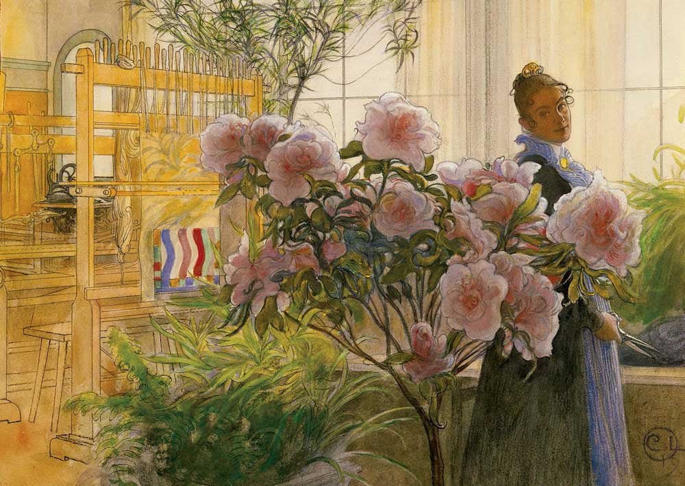 Geburtstagskarte Carl Larsson Azalea – Schwedische Aquarell - Kunstpostkarte, Vintage Frau & Pflanzen Illustration, Deko Sammlerstück
