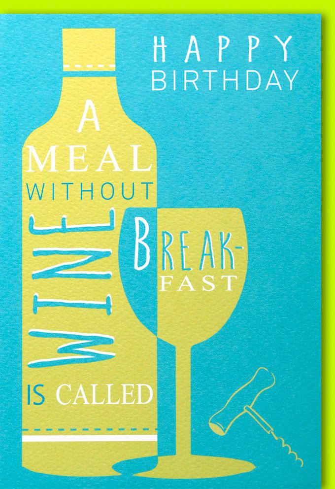 Geburtstagskarte "Cheers to You" - Witzige Glückwunschkarte mit Weinflasche, Weinglas & Korkenzieher Motiv, Humorvolle Typografie in Gelb & Blau, Happy Birthday Toast Celebration Spaßkarte