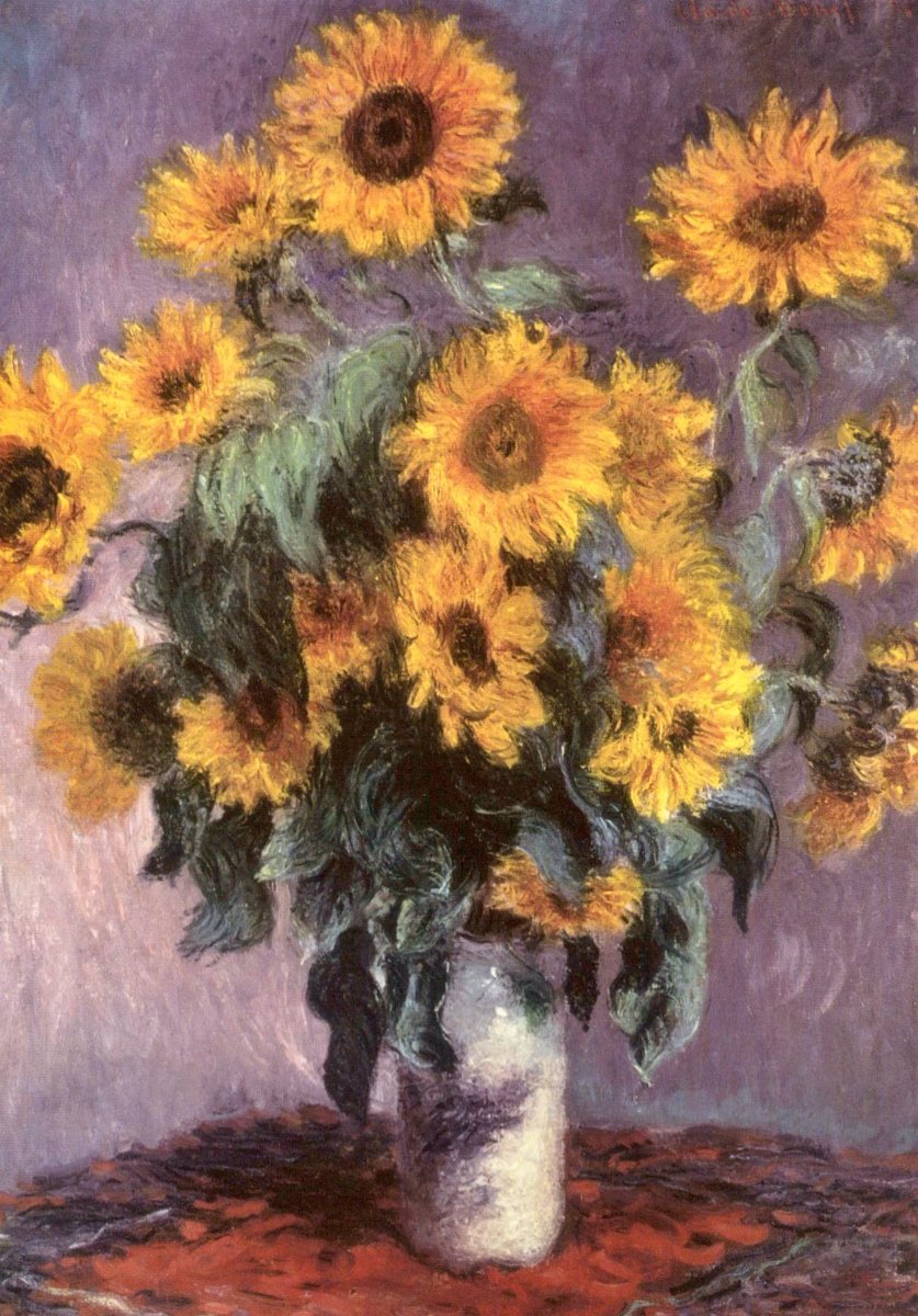 Geburtstagskarte - Claude Monet Sonnenblumen Stillleben 1880, Blanko Postkarte, Kunst Gemälde Kunstdruck, Vintage Dekoration, Geschenk für Kunstliebhaber, Farbenfrohes Bouquet Impressionismus Sammlerstück