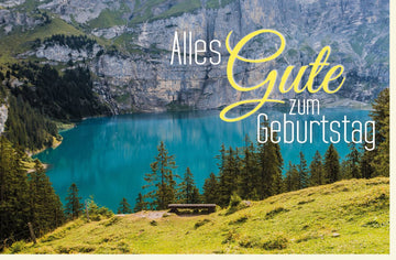Geburtstagskarte Doppelkarte - Alles Gute zum Geburtstag, Naturmotiv mit Bergen und See, Panorama - Aussicht, Glückwunschkarte für Ruhe und Erholung, Festliche Gratulationskarte mit Schriftzug