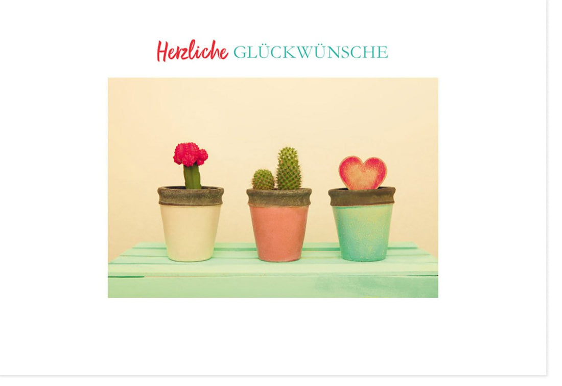 Geburtstagskarte Doppelkarte - Allgemeine Gratulationskarte mit Herz & Kaktus Motiv, Vintage Blumentöpfe Design, Farbenfrohe Retro Liebe, Neutral Unisex - 'Herzlichen Glückwunsch' für Jeden Anlass