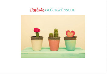 Geburtstagskarte Doppelkarte - Allgemeine Gratulationskarte mit Herz & Kaktus Motiv, Vintage Blumentöpfe Design, Farbenfrohe Retro Liebe, Neutral Unisex - 'Herzlichen Glückwunsch' für Jeden Anlass