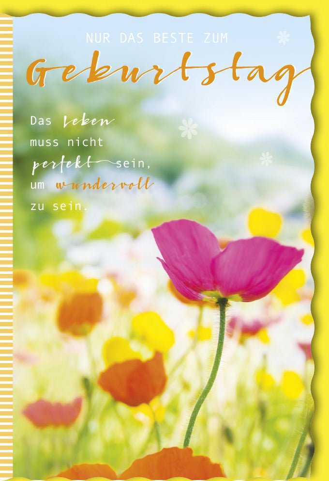 Geburtstagskarte Doppelkarte - Blumen & Lebensweisheit Design, Farbenfrohe Wiese, Sommerliche Grußkarte mit Spruch und Schriftzug