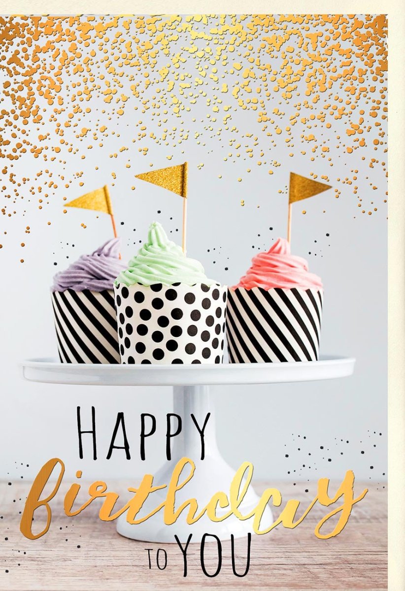 Geburtstagskarte Doppelkarte - Elegante Glückwunsch zum Geburtstag mit Cupcakes, Konfetti & Gold Polkadots, Schwarz - Weiß Party Deko Jubiläum Festlich