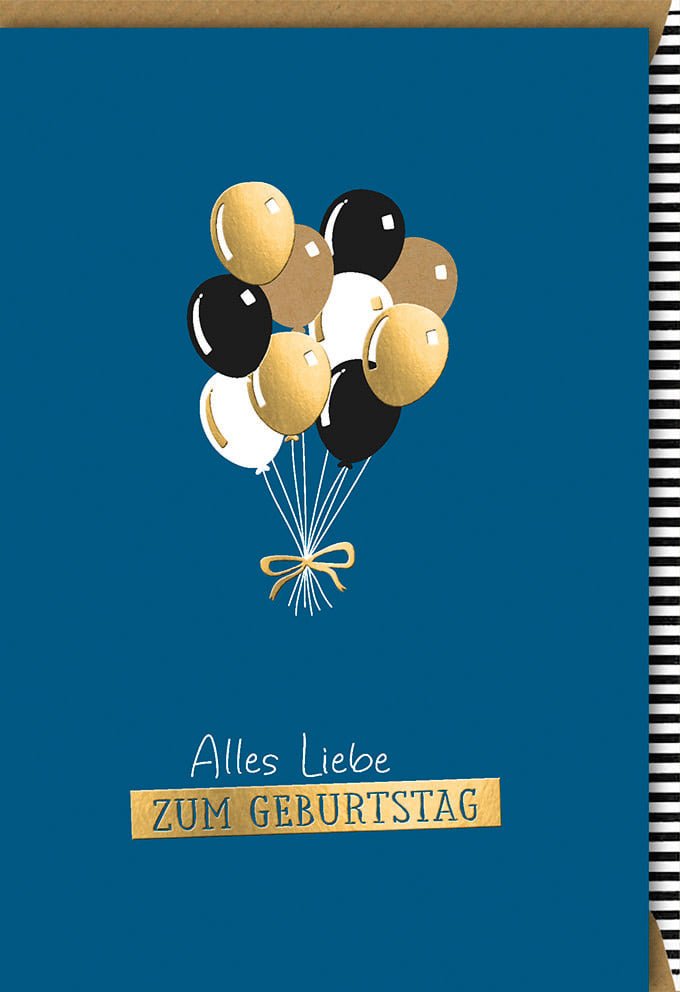 Geburtstagskarte Doppelkarte - Elegante Glückwunschkarte mit Ballons, Gold & Schwarz Schriftzug, Modernes Design für stilvolle Gratulation und Feiern