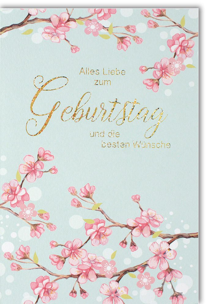 Geburtstagskarte Doppelkarte - Elegante Glückwunschkarte mit Blumen & Ästen, Rosa Goldschrift, Festliche Floral Design Grußkarte