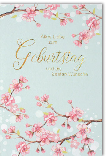 Geburtstagskarte Doppelkarte - Elegante Glückwunschkarte mit Blumen & Ästen, Rosa Goldschrift, Festliche Floral Design Grußkarte