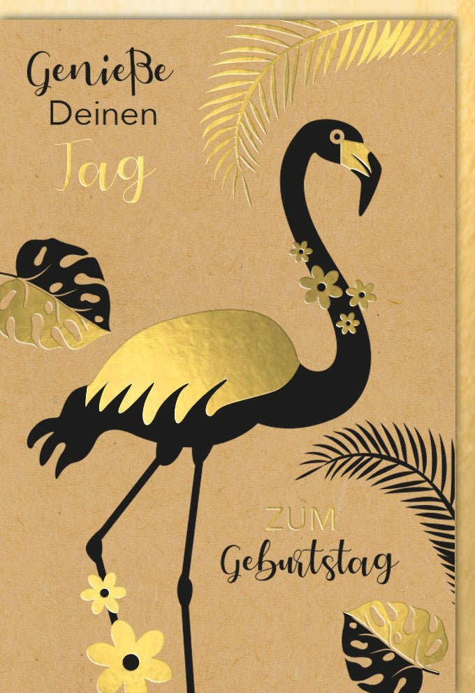 Geburtstagskarte Doppelkarte - Elegante Glückwunschkarte mit Exotischem Flamingo in Gold & Schwarz, Natur Tiermotiv, Moderne Schrift, Schlichte Gratulationskarte für Geburtstag & Feier mit Stilvollen Wünschen
