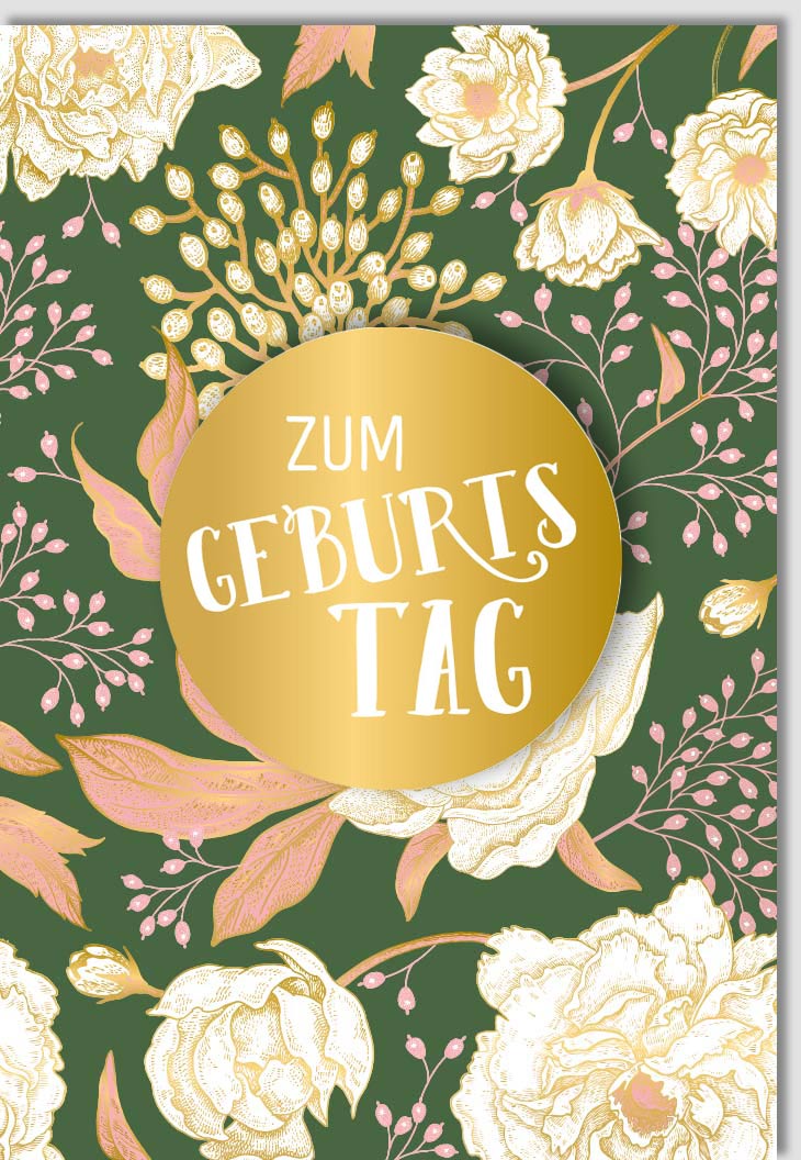 Geburtstagskarte Doppelkarte - Elegante Glückwunschkarte mit Gold Applikation, Grün & Blüten Design, Festliche Geburtstagsglückwünsche, Handgemachte Papeterie, Florales Muster, Stylish & Luxuriös