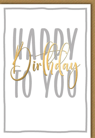Geburtstagskarte Doppelkarte - Elegante Glückwunschkarte mit "Happy Birthday" Schriftzug in Gold und Weiß, Feierliches Jubiläums - Design, Kalligraphische Gratulationskarte für Festlichkeiten