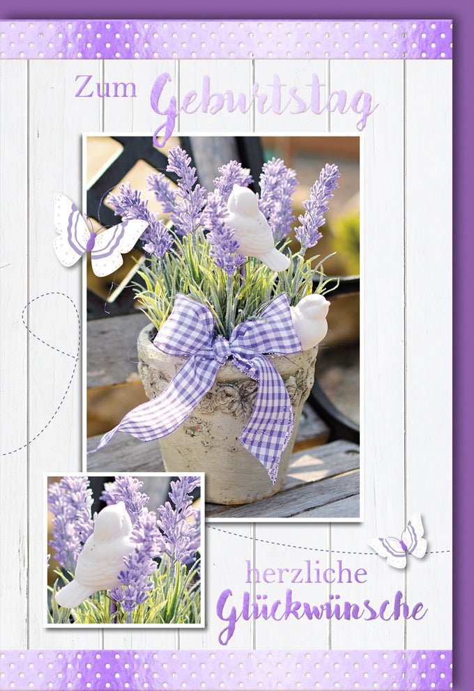 Geburtstagskarte Doppelkarte - Elegante Glückwunschkarte mit Lavendel & Schmetterlingen, Violett - Weißes Karomuster, Herzliche Grüße zum Jubiläum & Festlichkeiten, Stilvolle Feierkarte im Topf - Design
