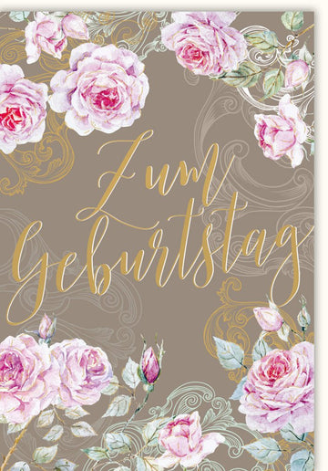 Geburtstagskarte Doppelkarte - Elegante Glückwunschkarte mit Rosen und Blumen, Stilvoller Schriftzug, Goldene Akzente, Hochwertiges Floral Design für Jubiläum & Festlichkeiten, Edle Gratulationskarte