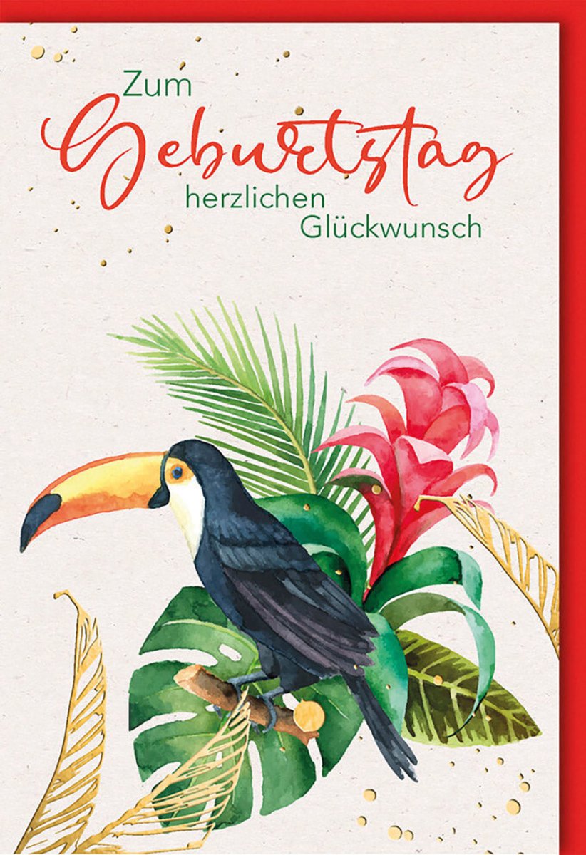 Geburtstagskarte Doppelkarte - Exotischer Tukan mit Aquarell Blumen & Pflanzen Design, Bunte Natur Motive Glückwunschkarte, Hochwertige Gratulationskarte für besondere Anlässe
