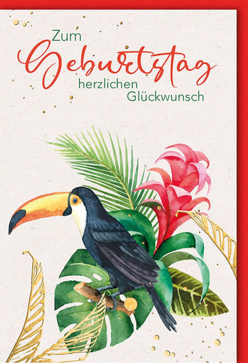 Geburtstagskarte Doppelkarte - Exotischer Tukan mit Aquarell Blumen & Pflanzen Design, Bunte Natur Motive Glückwunschkarte, Hochwertige Gratulationskarte für besondere Anlässe