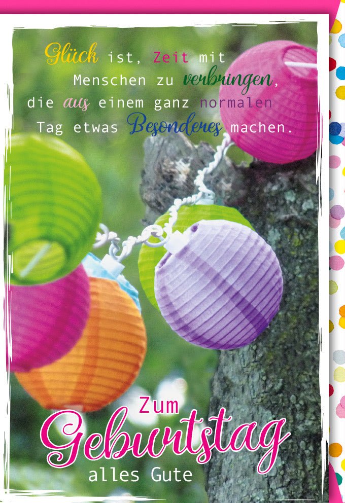 Geburtstagskarte Doppelkarte - Farbenfrohe Glückwunschkarte mit Bäumen und Naturmotiven, Papierlampions & Outdoor - Feier Design, Besonderer Tag Alles Gute Geburtstagsgruß, Festliche Gratulationskarte