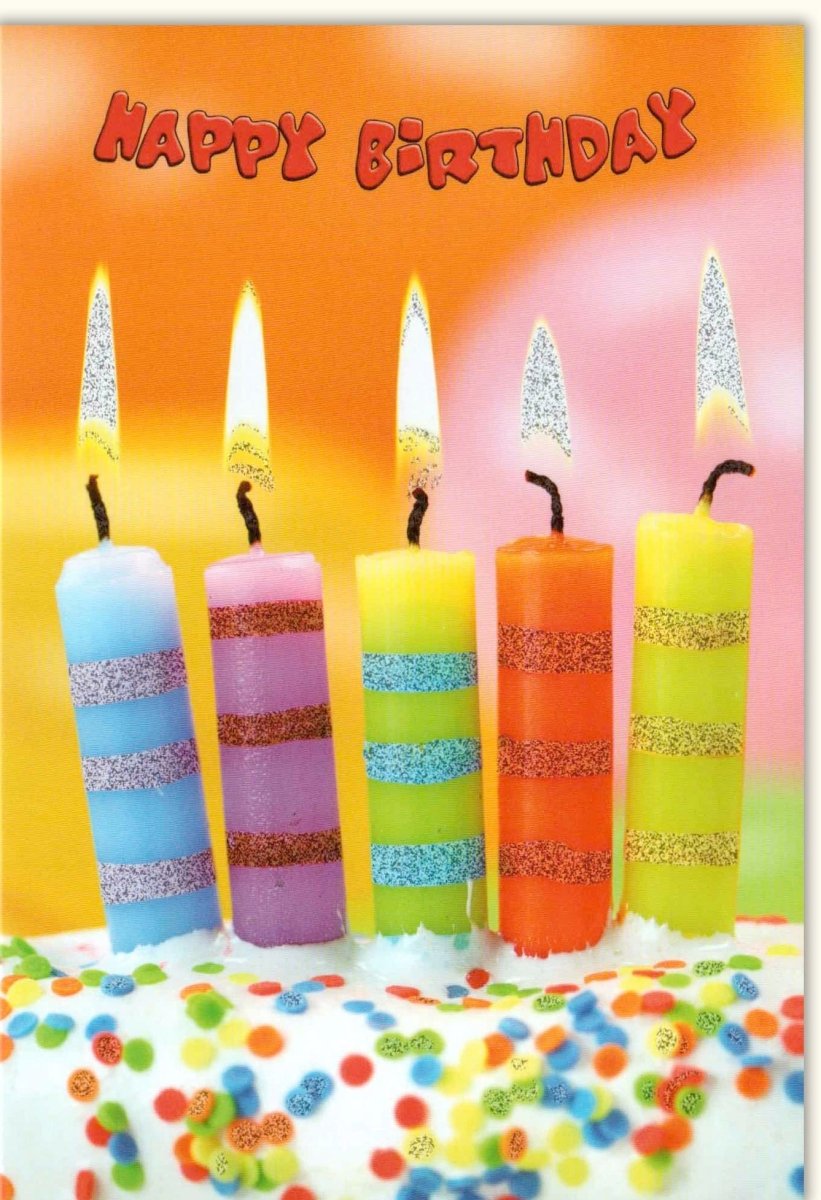 Geburtstagskarte Doppelkarte - Farbenfrohe Glückwunschkarte mit bunten Kerzen, Festliche Happy Birthday Grußkarte, Celebration Jubiläum Greetings, Geburtstagsglückwünsche für Feier & Anlässe