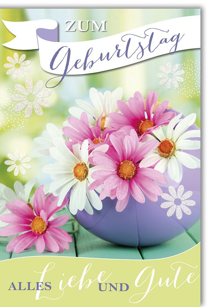 Geburtstagskarte Doppelkarte - Farbenfrohe Glückwunschkarte mit Gänseblümchen, Fröhlicher Geburtstagsgruß zur Gratulation & Feier