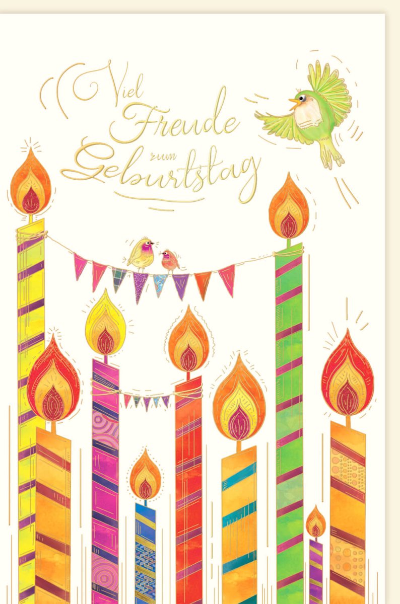 Geburtstagskarte Doppelkarte - Farbenfrohe Glückwunschkarte mit Kerzen, Vögeln & Wimpelkette, Handlettering - Design, Bunte Illustration für Festliche Geburtstagsfeier & Jubiläum