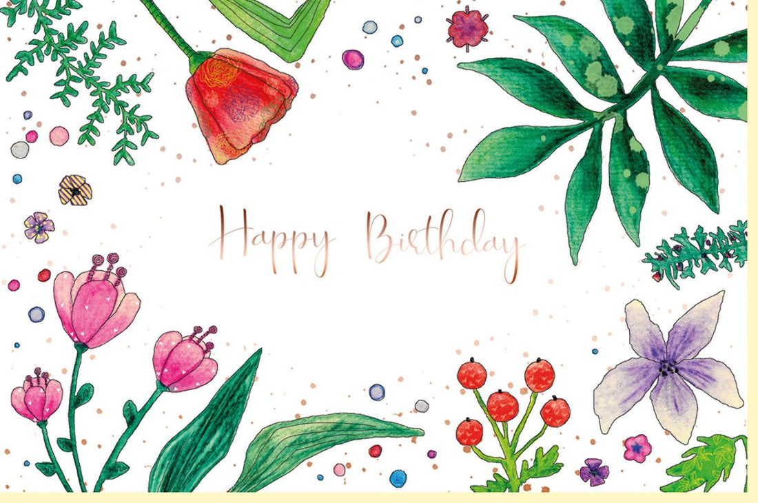 Geburtstagskarte Doppelkarte - Floral Design mit Blumen & Grünpflanzen, Naturkarton mit Roségold Metallicfolie, Handgemalte Naturmotive für besondere Anlässe & Gratulationen