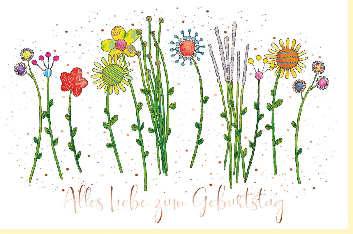 Geburtstagskarte Doppelkarte – Handgemachte Glückwunschkarte mit Blumenillustration, Naturkarton & Metallicfolie in Roségold, Florales Design für Erwachsene Frauen, Rosa & Grün, Einzigartige Pflanzen - Motive, Kreative Geburtstagsglückwünsche