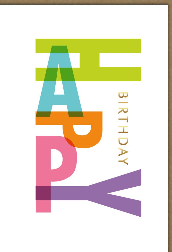 Geburtstagskarte Doppelkarte - Happy Birthday Glückwunschkarte mit Bunten Buchstaben, Modernes Typografie - Design für Erwachsene & Jugendliche, Farbenfrohe Party - Gratulationskarte, Kreative Papeterie Geschenkidee für Freunde & Familie