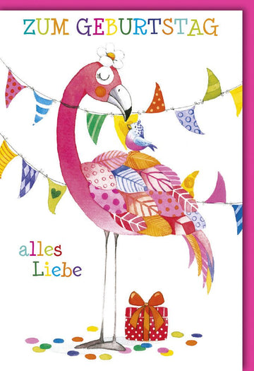 Geburtstagskarte Doppelkarte - Herzliche Glückwünsche mit Flamingo, Wimpelkette & Konfetti Design, Farbenfrohe Geschenkkarte