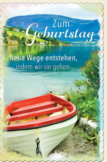 Geburtstagskarte Doppelkarte – Idyllische Seelandschaft mit Boot, Inspirierende Weisheiten, Naturmotiv für Ruhe & Entspannung, Wasserblick, Lebensweg - Thema, Glückwunschkarte für Geburtstag & Celebration, Hochwertiger Geburtstagsgruß