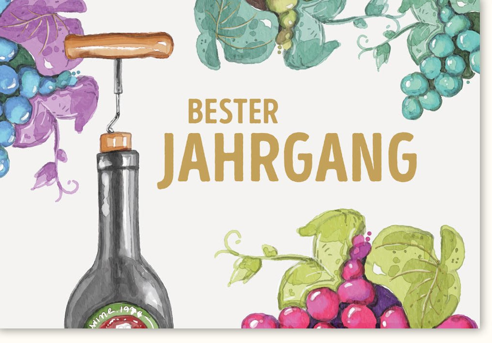 Geburtstagskarte Doppelkarte - Jahrgangsthema mit Weintrauben & Flaschenmotiv, Retro Vintage Design, Elegante Glückwunschkarte für Feier & Jubiläum, Stilvoller Toast Cheers Illustration, Kreative Papeterie Geschenkidee