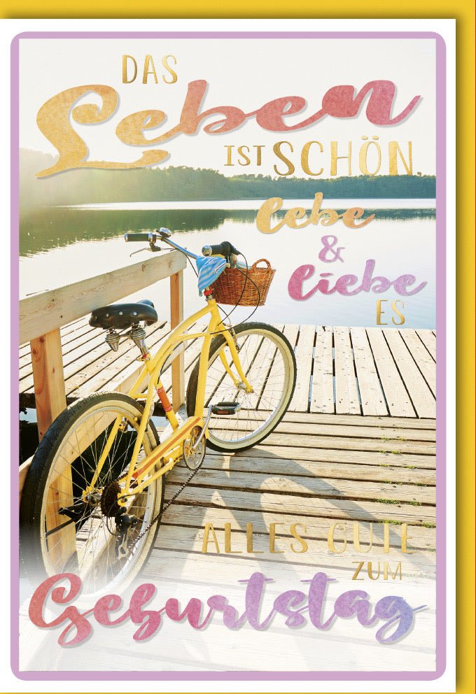 Geburtstagskarte Doppelkarte - Lebensfreude & Liebe am See, Sonnenschein Fahrrad - Motiv, Farbenfroher Vintage Holzsteg Design, Optimistischer Glückwunsch