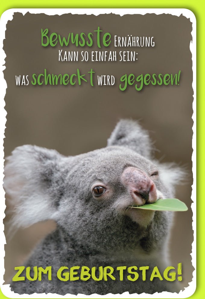Geburtstagskarte Doppelkarte - Lustige Koala Glückwunschkarte mit Witzigem Spruch & Grünes Blatt Motiv