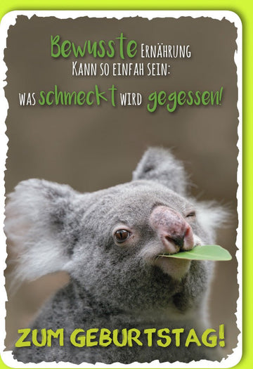 Geburtstagskarte Doppelkarte - Lustige Koala Glückwunschkarte mit Witzigem Spruch & Grünes Blatt Motiv