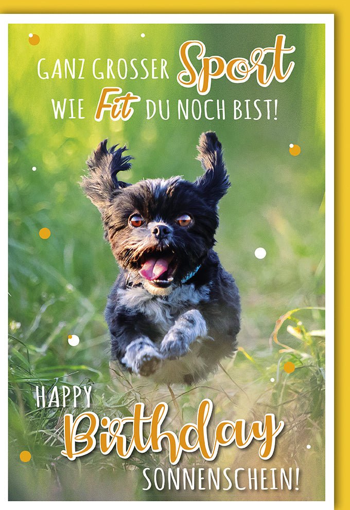 Geburtstagskarte Doppelkarte - Lustiger Hund beim Sport, Fitness & Natur Motiv mit Spruch, Glückwünsche voller Sonnenschein & Freude