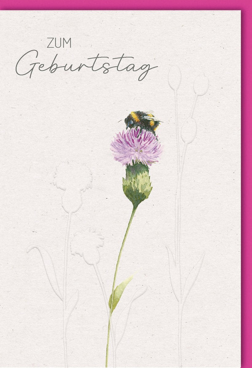 Geburtstagskarte Doppelkarte mit Blumen & Hummel Illustration - Stilvolle Glückwunschkarte im Natur Design, Handschriftliche Pflanzen Motive für Feier und Festlichkeit
