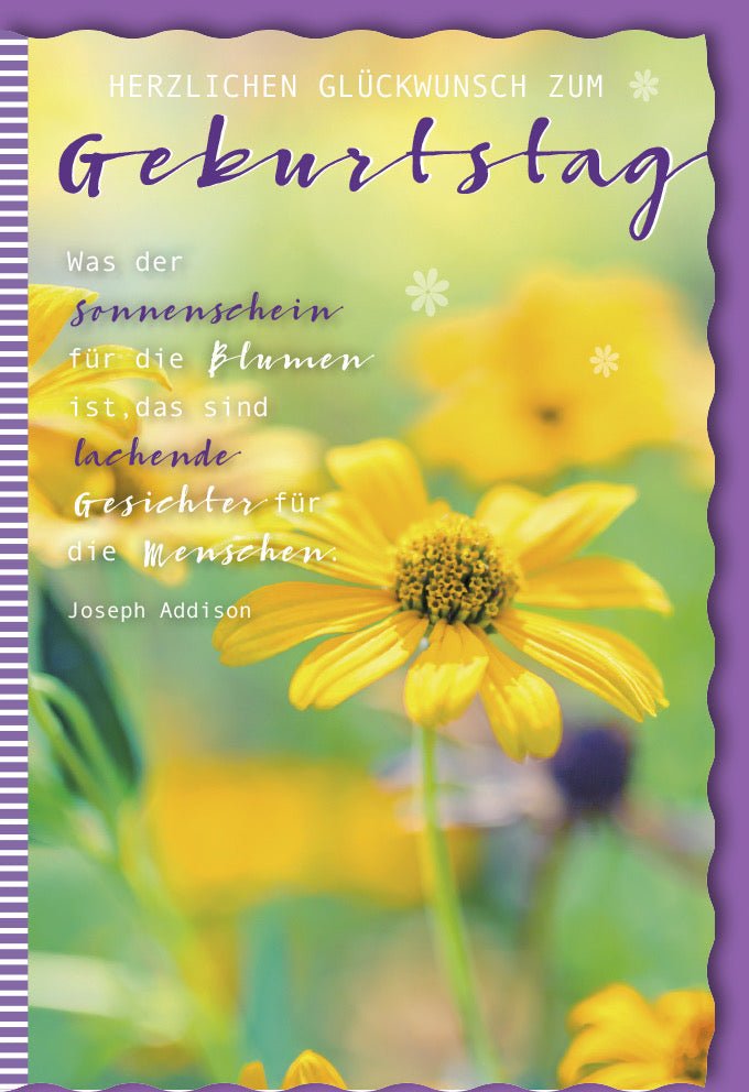 Geburtstagskarte - Doppelkarte mit Blumenmotiv & Joseph Addison Zitat, Sommerliche Glückwunschkarte in Gelb & Lila, Naturinspirierte Gratulation zum Geburtstag mit Sonnenschein - Design, Exklusiv im Grußkartenshop