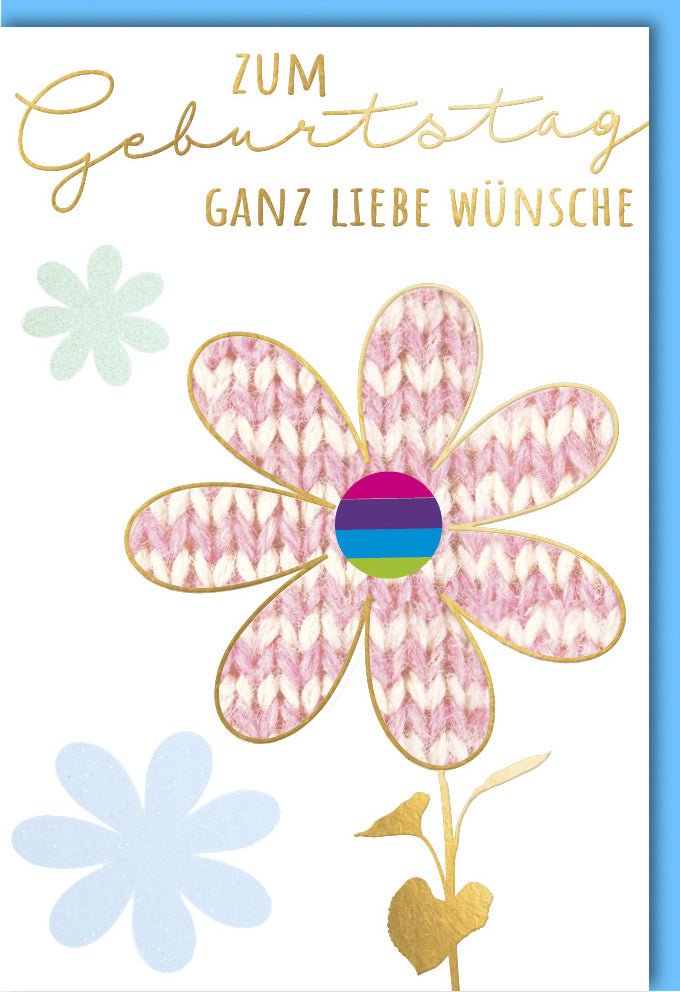 Geburtstagskarte - Doppelkarte mit Blumenmotiv und liebevollen Wünschen, Niedliches Florales Design in Hellblau & Gold, Bunte Glückwunschkarte für Erwachsene, Kinder & Frauen, Fröhliche Grußkarte zum Feiern und Gratulieren