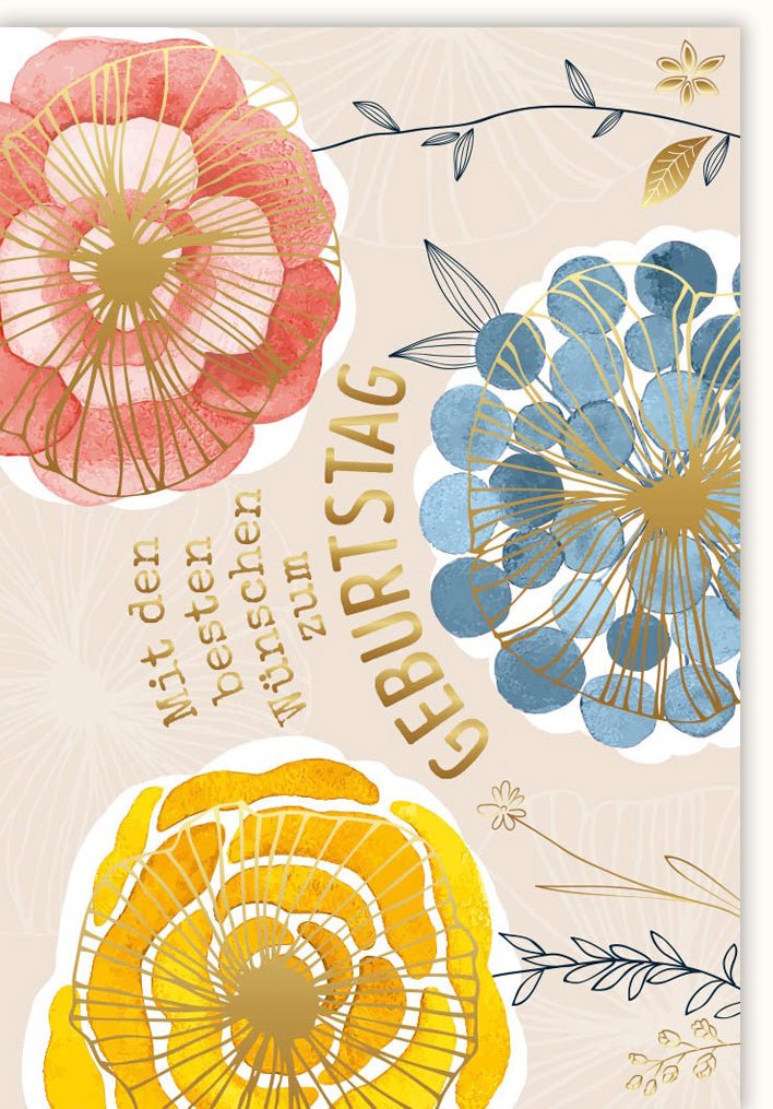 Geburtstagskarte Doppelkarte mit Blumenmuster - Stilvolle Glückwunschkarte für Gratulation, Pflanzen Illustration, Modernes Design für Geburtstagsgruß, Feier & Festlichkeit - "Happy Birthday" Papeterie