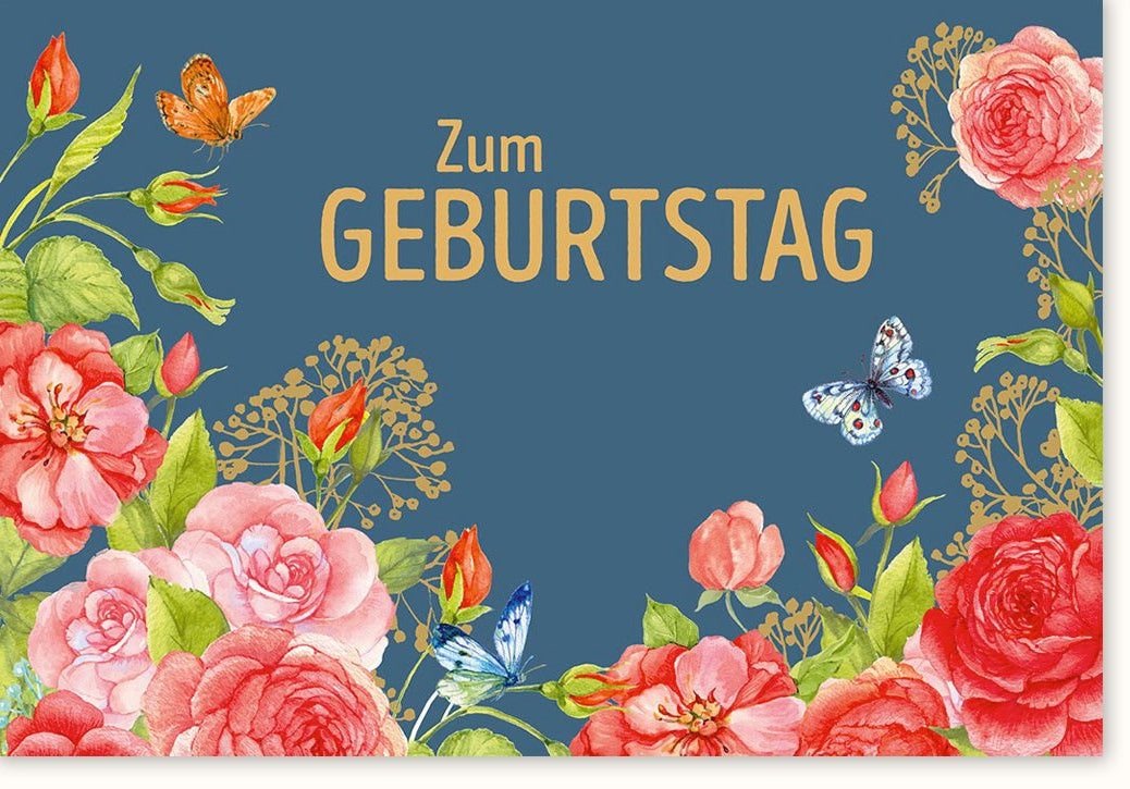 Geburtstagskarte Doppelkarte mit Blumenmuster und Schmetterlingen - Vintage Design Floral Glückwunschkarte für besondere Gratulationen, Hochwertige Grußkarte