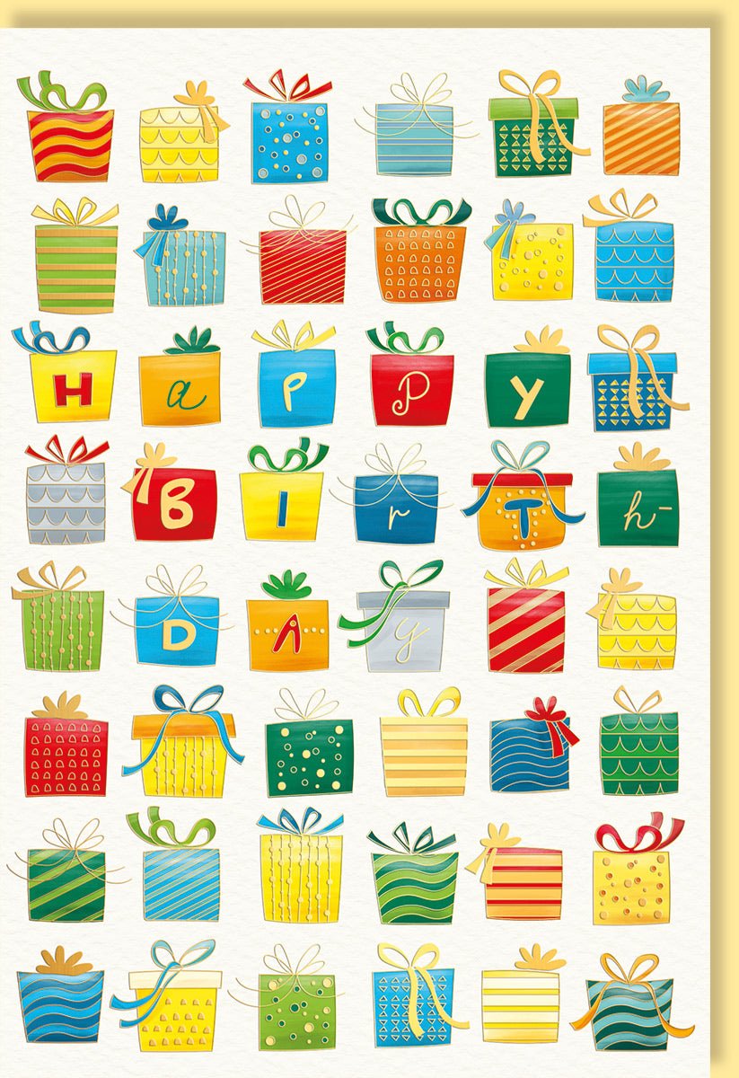 Geburtstagskarte Doppelkarte mit bunten Geschenken und Happy Birthday Schriftzug ideal für Geburtstagsgrüße hochwertige Verarbeitung inklusive Umschlag mit Umschlag