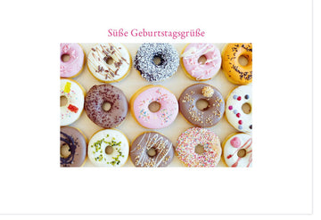 Geburtstagskarte Doppelkarte mit Donut - Motiv – Bunte Glückwunschkarte für Süßwarenliebhaber, Lustige Gratulationskarte für Geburtstagsfeier, Party - Dessert Design, Leckerei - Thema, Happy Birthday Grußkarte
