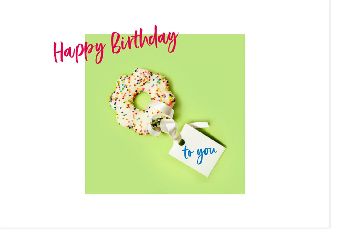 Geburtstagskarte Doppelkarte mit Donut - Motiv - Farbenfrohe Glückwunschkarte "Happy Birthday", Konfetti - Design, Modern & Schlicht, Inklusive Geschenkanhänger - Perfekt für Jubiläum & Feierlichkeiten