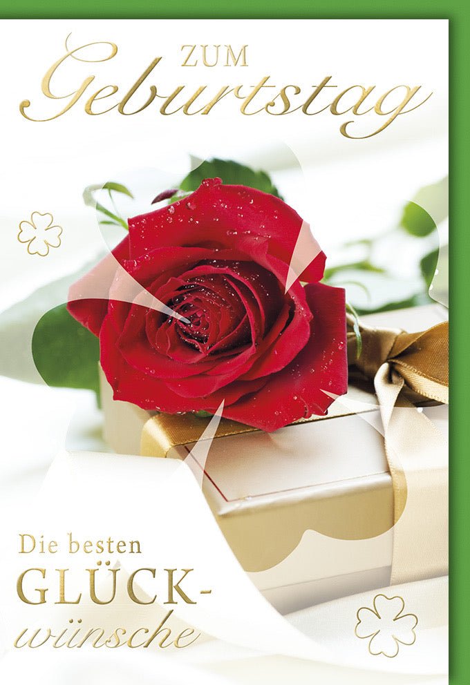 Geburtstagskarte Doppelkarte mit Eleganter Rose, Glückwunschkarte in Rot und Grün, Goldene Schleife & Text, Perfektes Geschenk zur Feier & Jubiläum - Stilvolle Gratulation