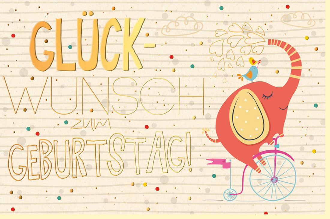 Geburtstagskarte Doppelkarte mit fröhlichem Elefant auf Fahrrad - Umweltfreundliches Zuckerrohrpapier, Bunt & Lustig für Kinder und Erwachsene, Nachhaltige Geschenkidee mit Tiermotiv, Handgemachtes Design in Beige & Rot