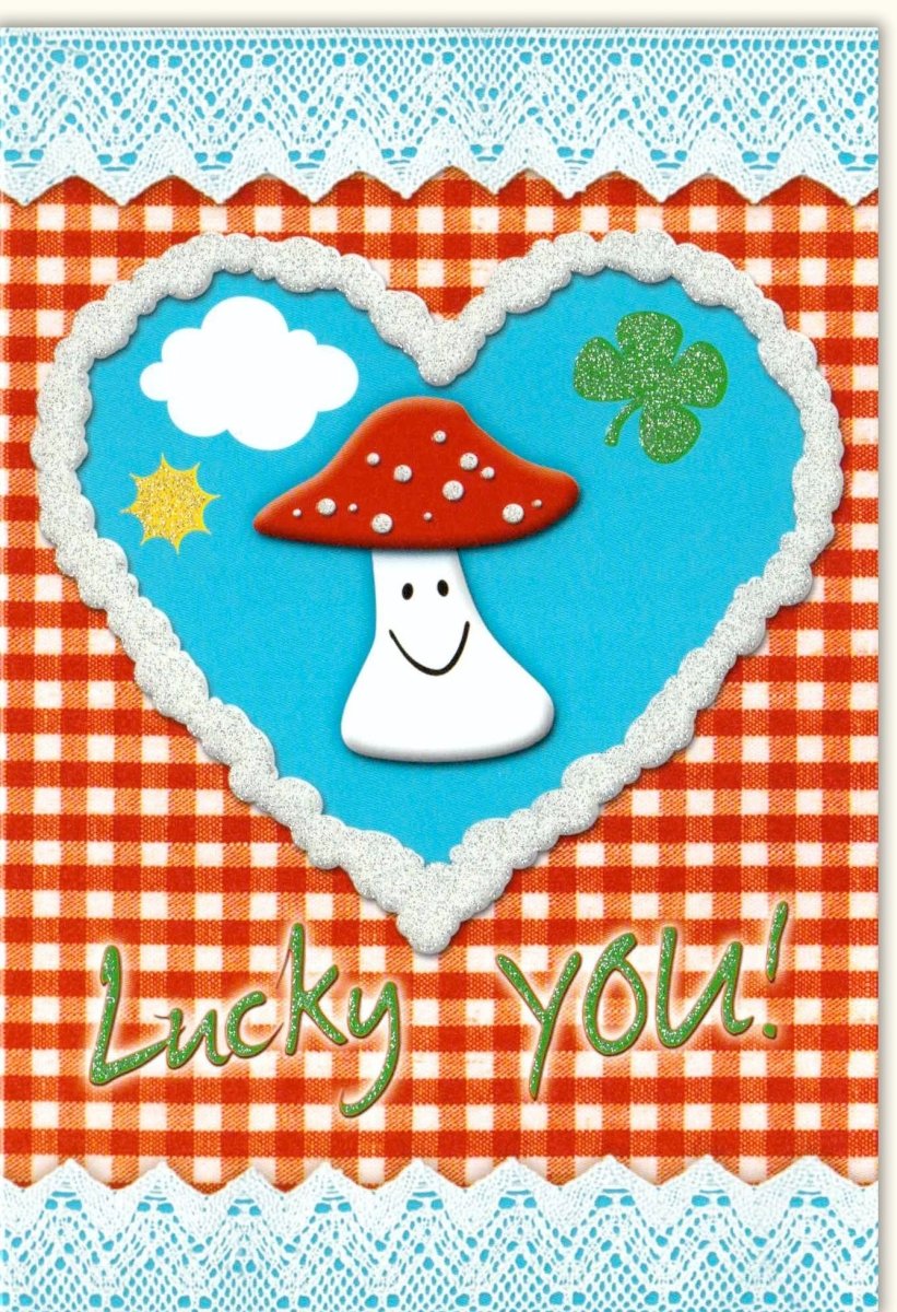 Geburtstagskarte Doppelkarte mit Glitzerlack - "Lucky You" Glückwunschkarte mit Kleeblatt, Pilz & Herz Motiven, Rot - Weiß Kariert, Sonne & Wolke Design - Perfekt für Feier & Anlass, Freude & Wünsche Celebration