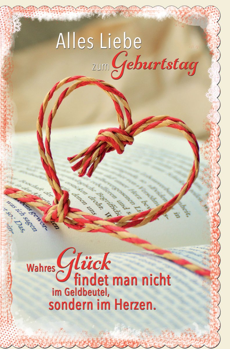 Geburtstagskarte Doppelkarte mit Herz & Schnur - Handgemachte Glückwunschkarte im Vintage - Stil, Rot - Weiß, Liebevolles Zitat auf Buchseite, Retro Textkarte mit Schleife für Geburtstagsgrüße