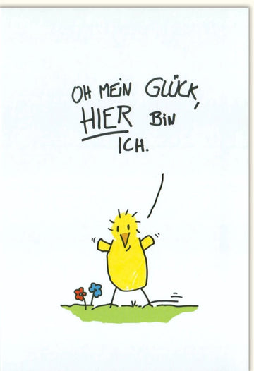 Geburtstagskarte Doppelkarte mit Humor - Fröhliche Glückwunschkarte mit Witziger Cartoon - Illustration, Positiver Spruchkarte in Gelb für Freude & Optimismus, Lebensfrohe Grußkarte für Jede Feier