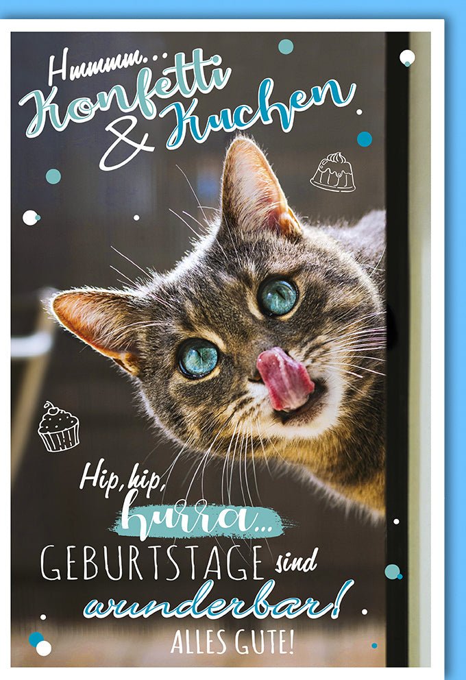 Geburtstagskarte Doppelkarte mit Katzenmotiv - Glückwunschkarte mit Konfetti & Kuchen Design, Hip Hip Hurra Geburtstagssprüche, Feier & Party Atmosphäre, Wunderbare Gratulation "Alles Gute"