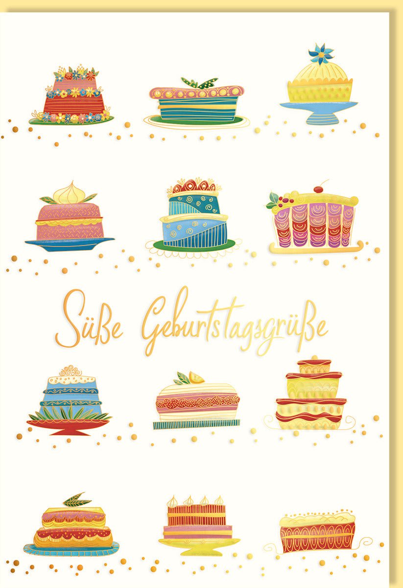 Geburtstagskarte Doppelkarte mit Kuchen Illustration - Bunte Glückwunschkarte für Kinder & Erwachsene, Fröhliche Geburtstagsgrüße & Spruch, Gelb - Perfekt für jeden Anlass